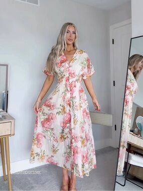 Anthropologie Floral V-Neck Maxi Dress in Pink and Cream